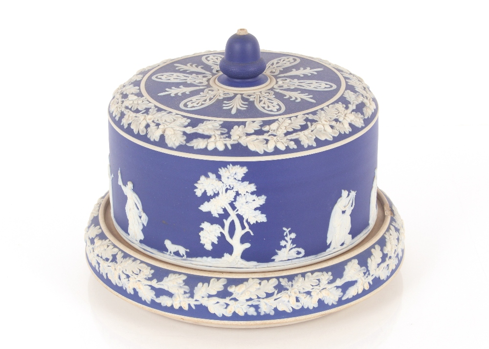 A Jasperware cheese dish and cover; a pair of similar servers and a Cauldonware blue and white