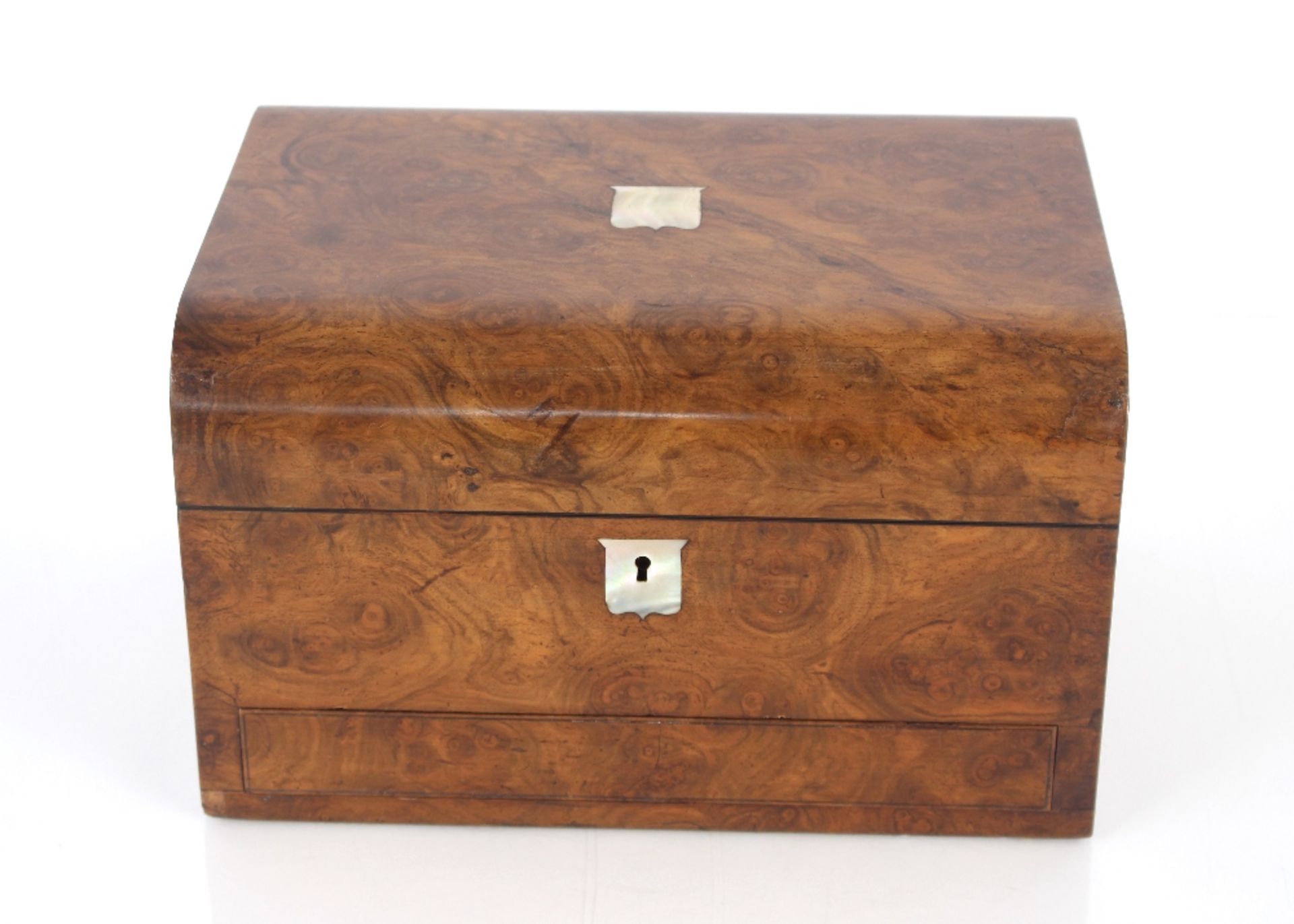 A Victorian burr walnut travelling toilet box, fitted plate mounted tidy boxes and jars, sprung