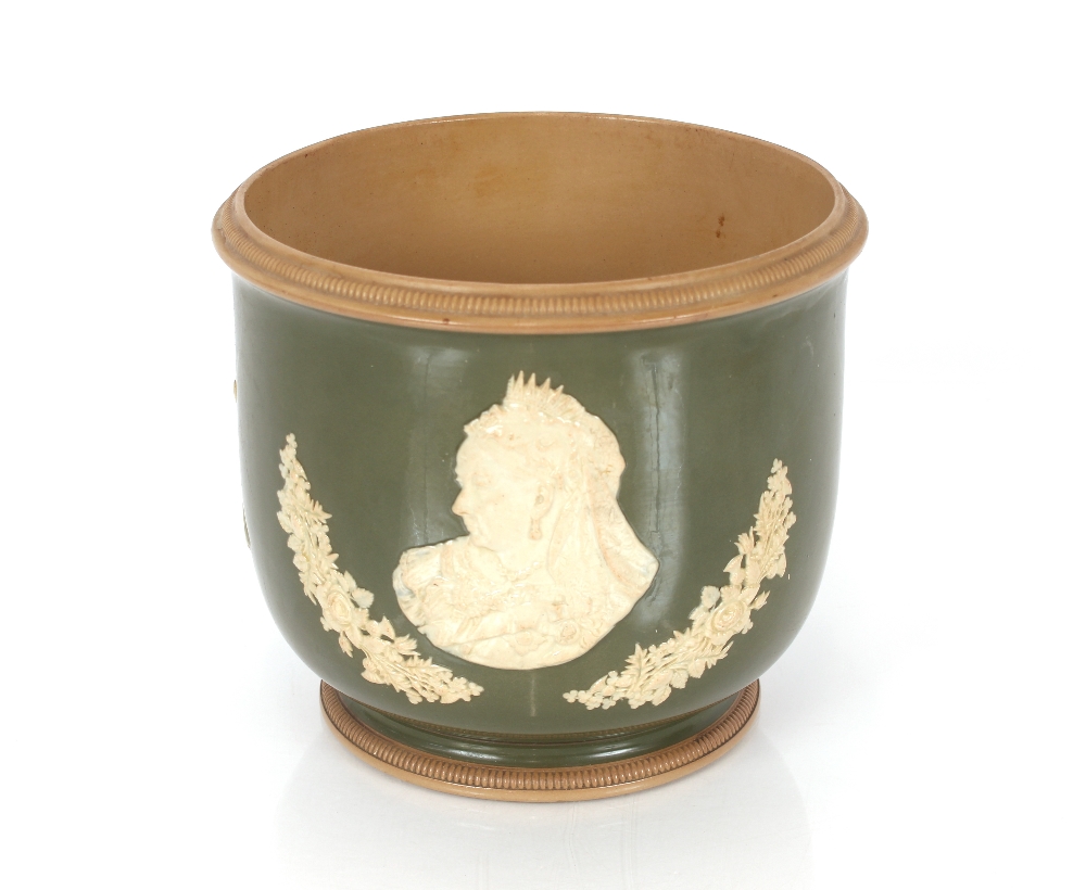 A Copeland green and buff glazed jardinière, commemorating Queen Victoria's Diamond Jubilee, 21cm - Image 2 of 4