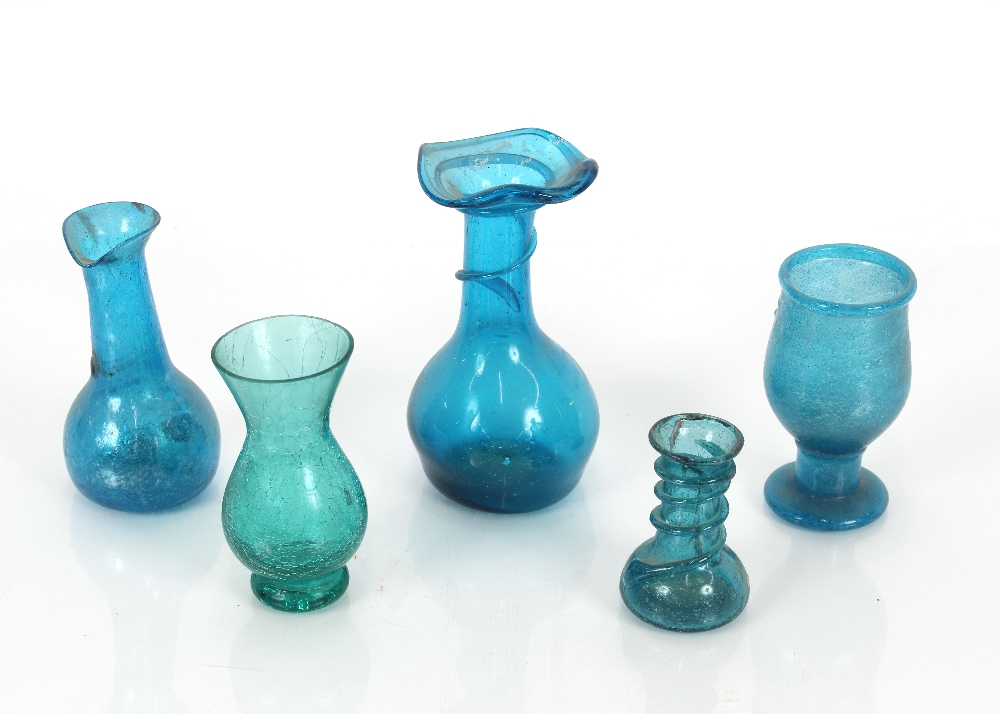 Five various coloured glass vases, jugs and a goblet