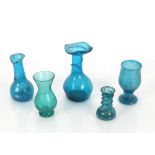 Five various coloured glass vases, jugs and a goblet