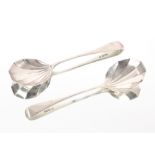 A pair of George V silver serving spoons, Sheffield 1929; a cased set of plated cake forks with