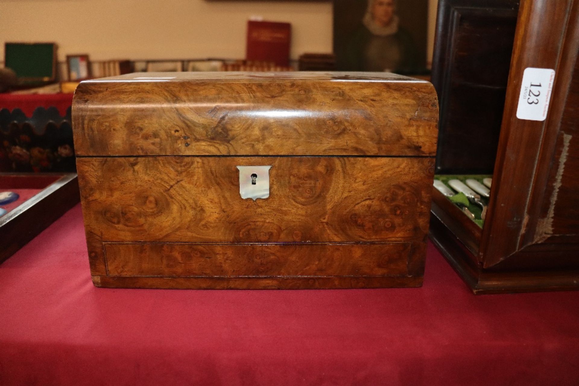 A Victorian burr walnut travelling toilet box, fitted plate mounted tidy boxes and jars, sprung - Image 9 of 16