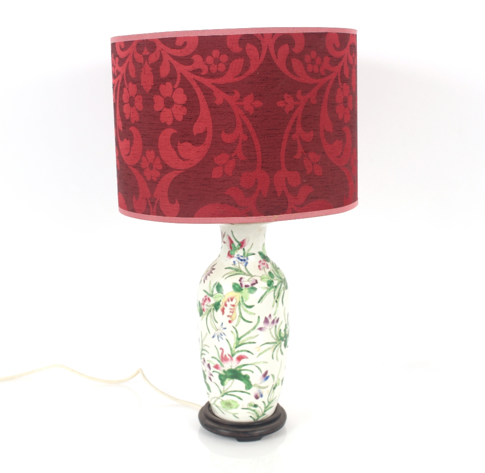 A Canton pattern baluster table lamp, and red shade