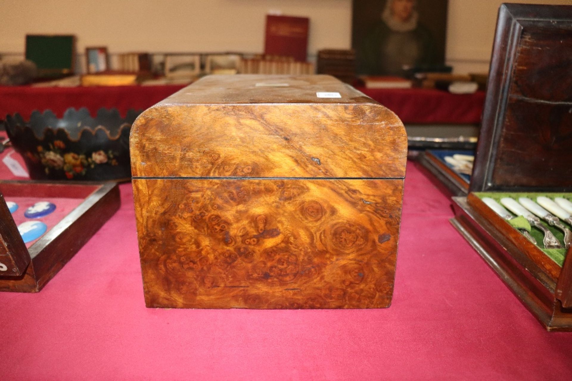 A Victorian burr walnut travelling toilet box, fitted plate mounted tidy boxes and jars, sprung - Image 16 of 16