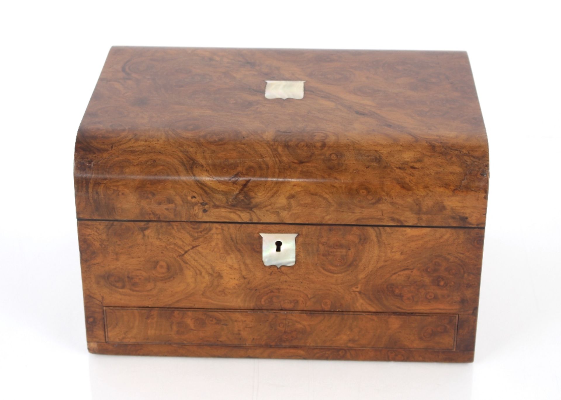 A Victorian burr walnut travelling toilet box, fitted plate mounted tidy boxes and jars, sprung - Image 2 of 16
