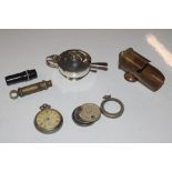 A box containing silver plated salt; a whistle; a pocket watch etc.