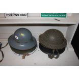 Five various military helmets, some with linings