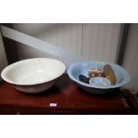 Two wash bowls, soap dish, candle holders etc.