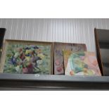 Two oil on board still life studies and M Petri, oil on board still life study of flowers signed and