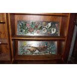 An Art Nouveau style plaque with floral decoration and another with pheasant decoration, the Chimney