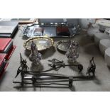 A twin handled tray, two hip flasks, silver plated card tray, sheet music stands etc.