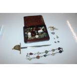 A trinket box and contents of beaded necklace, thi
