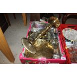 A box containing various brass ware, plated ware e