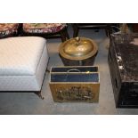 A brass Art Deco design coal bin and a brass cased