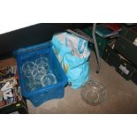 A box of various glassware; a bag of glass jars; a