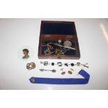 A wooden box and contents of cuff-links, crucifix