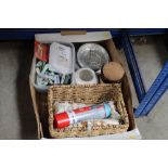 A box of various sundry items to include a can of spray silicon