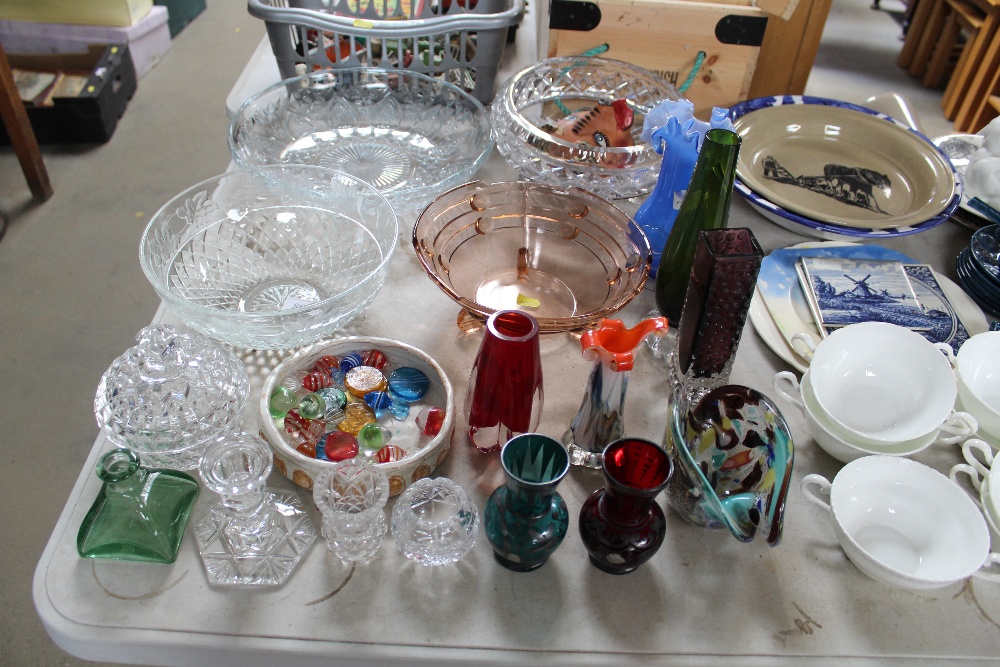 A quantity of various glassware to include Whitefriars type vase; a white metal overlaid vase; Art