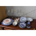 A quantity of various blue and white dinnerware; f
