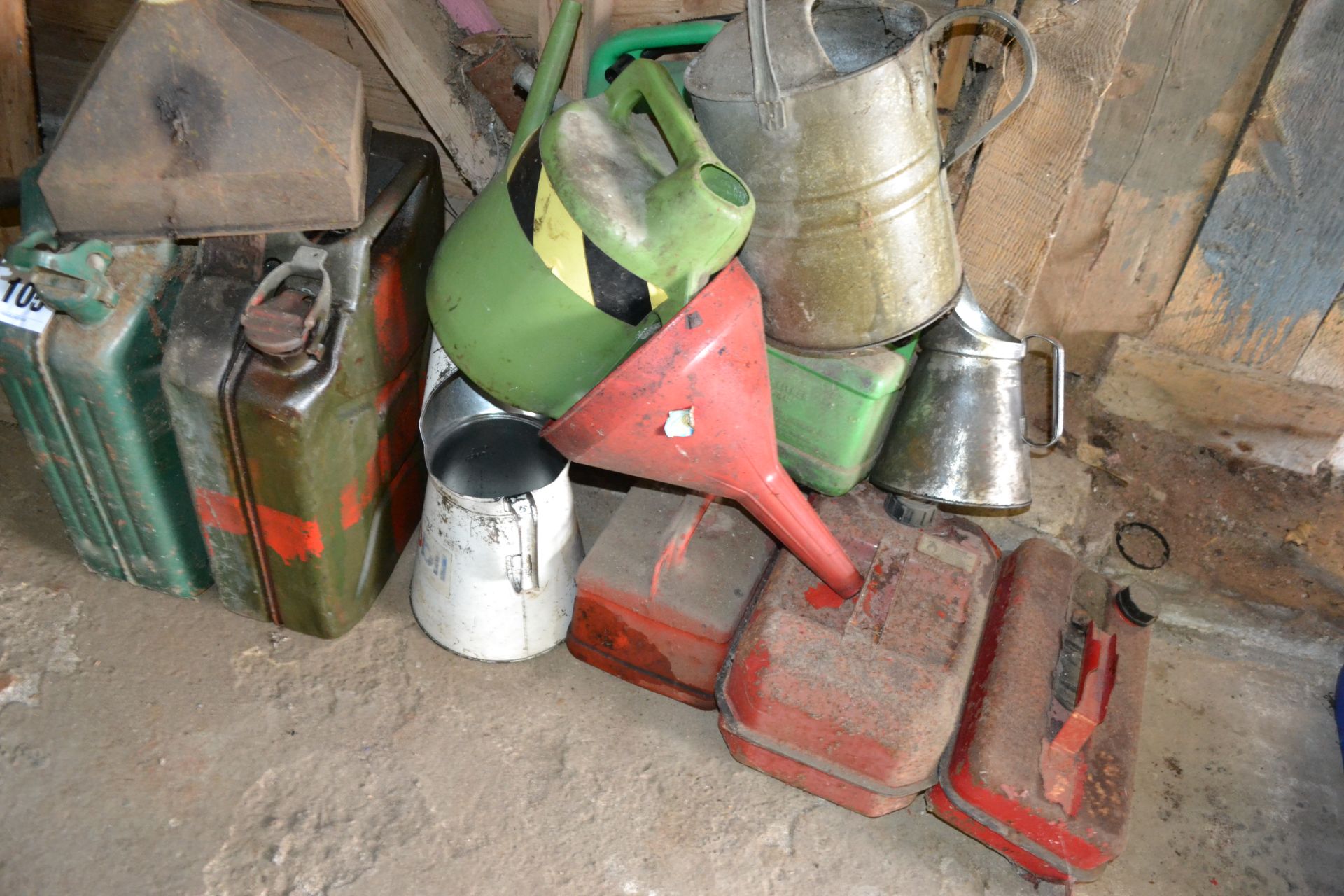 2x Jerry cans, various funnels, petrol cans etc. V - Image 3 of 3