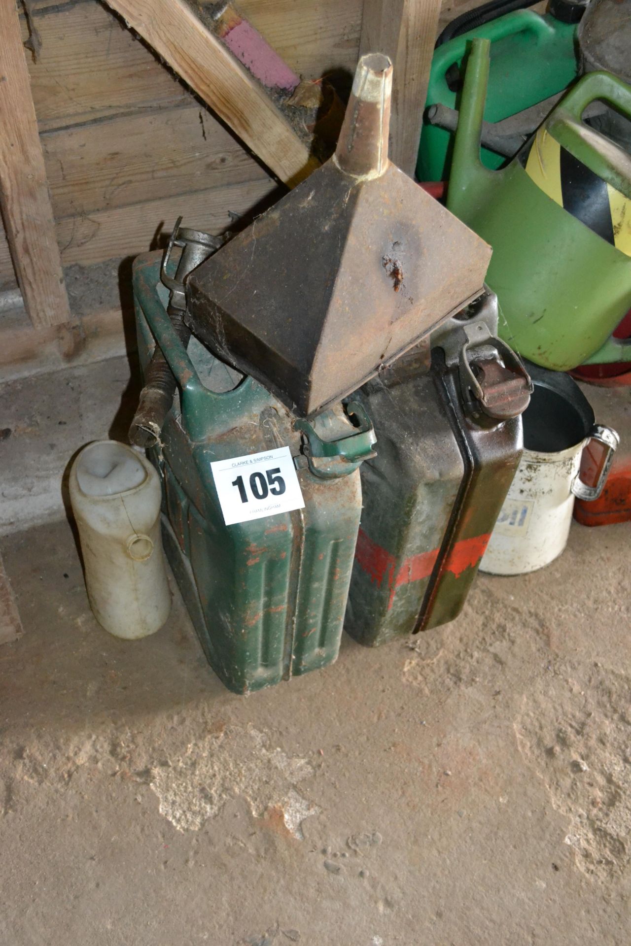 2x Jerry cans, various funnels, petrol cans etc. V