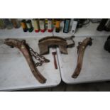 A heavy horse wooden cart saddle, and two pairs of wooden hames etc.