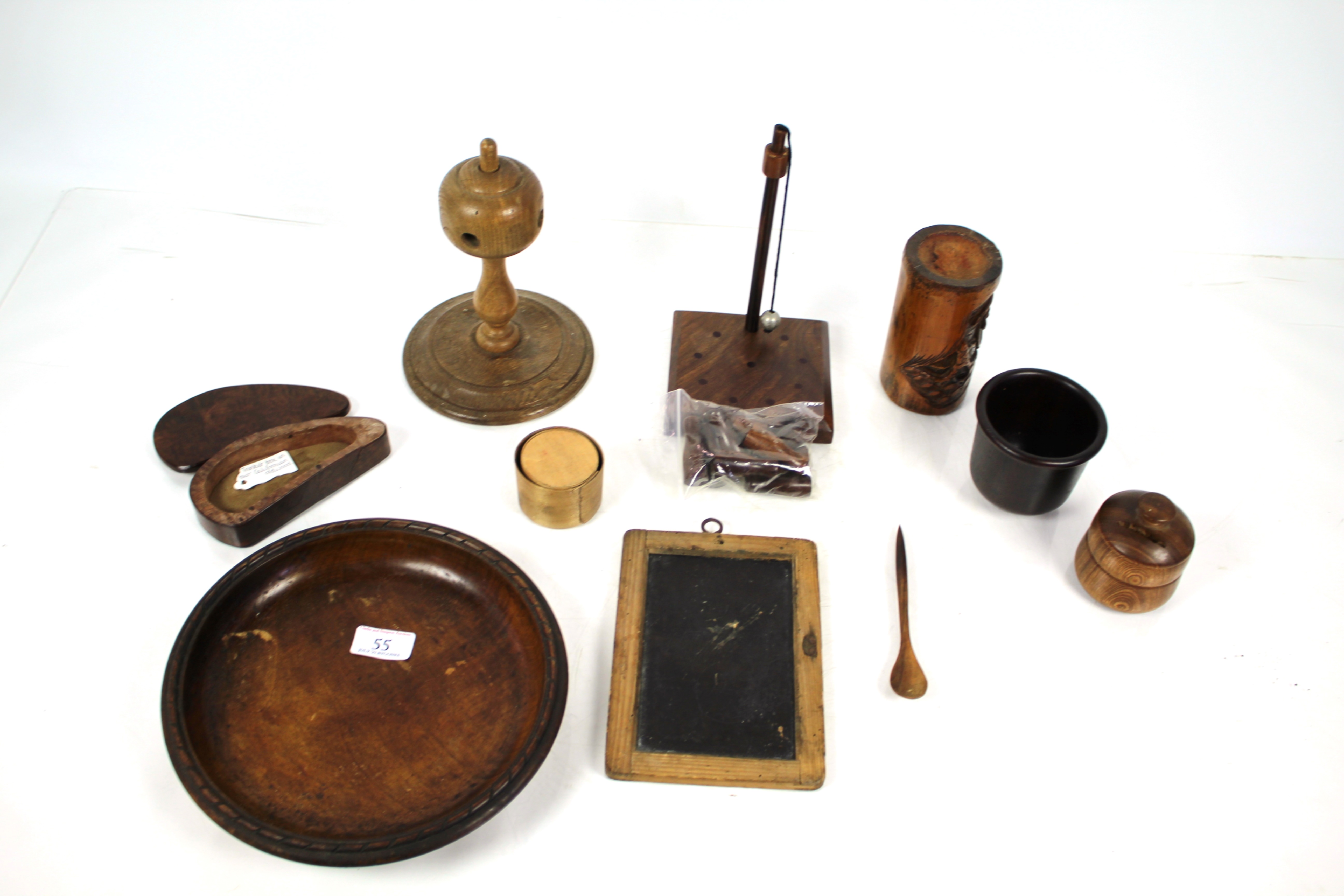 A box of miscellaneous treen items including a min