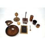 A box of miscellaneous treen items including a min