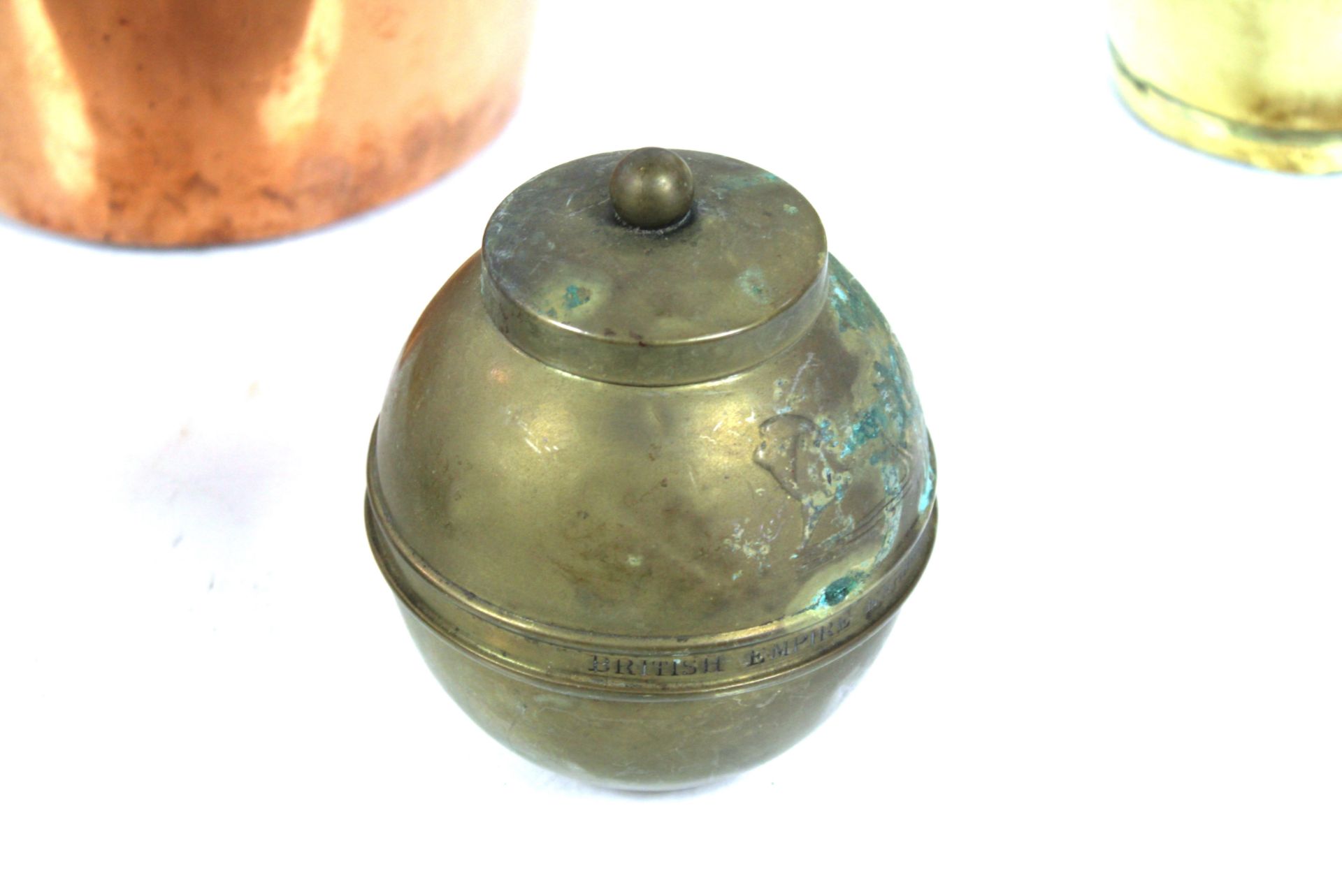 A brass chocolate pot, a brass kettle with porcela - Image 5 of 6