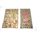 Two Victorian unframed needlework samplers