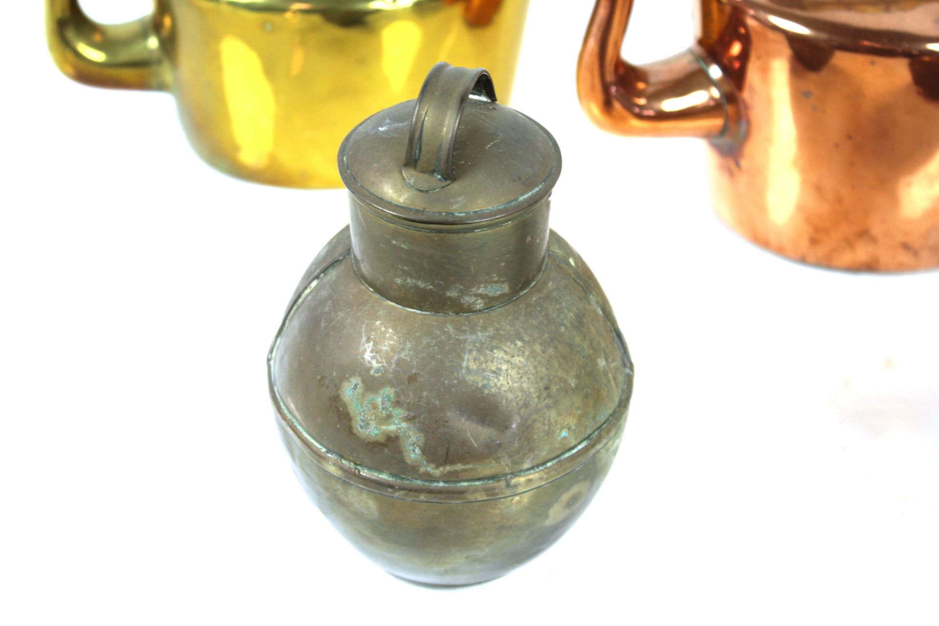 A brass chocolate pot, a brass kettle with porcela - Image 6 of 6