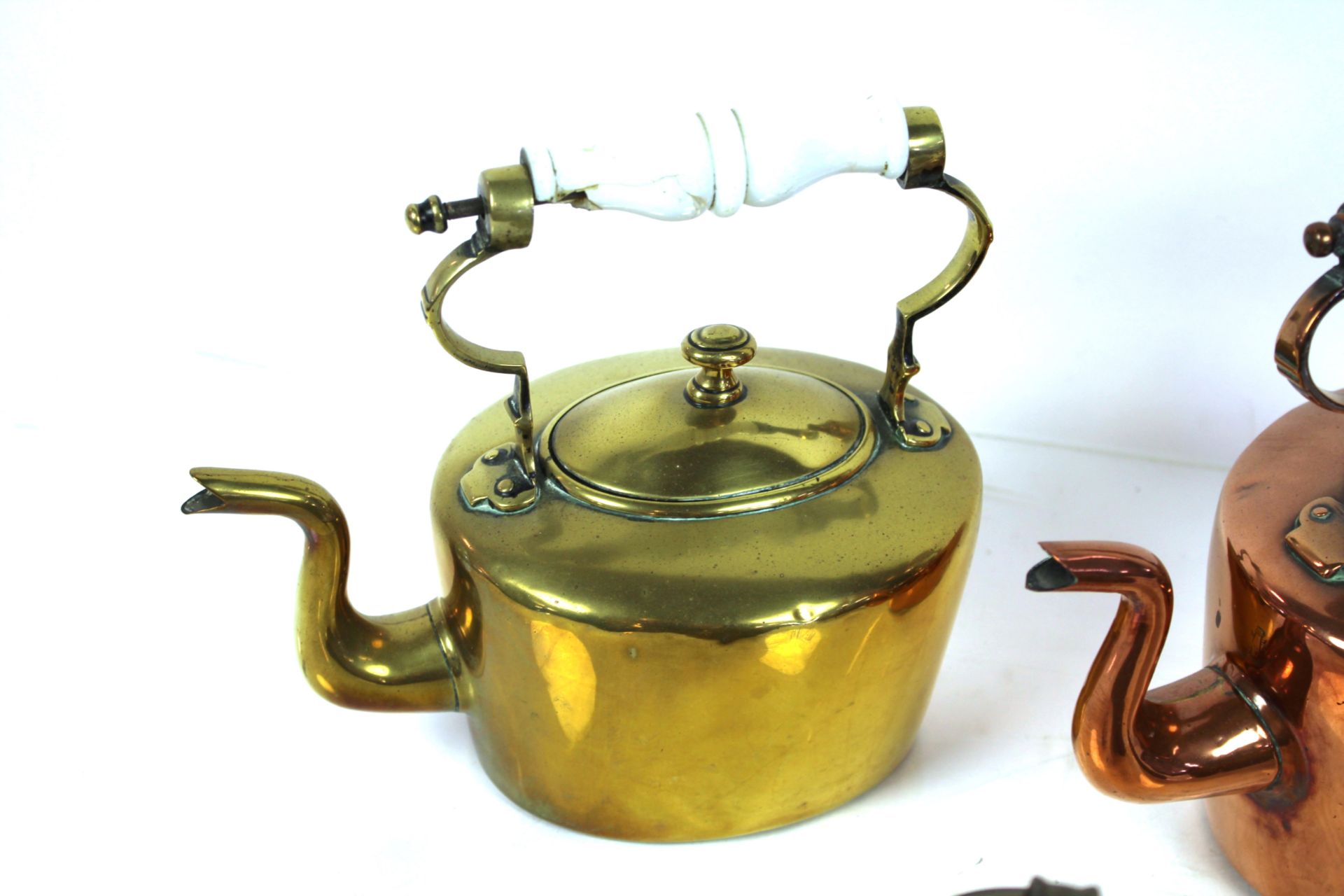 A brass chocolate pot, a brass kettle with porcela - Image 2 of 6