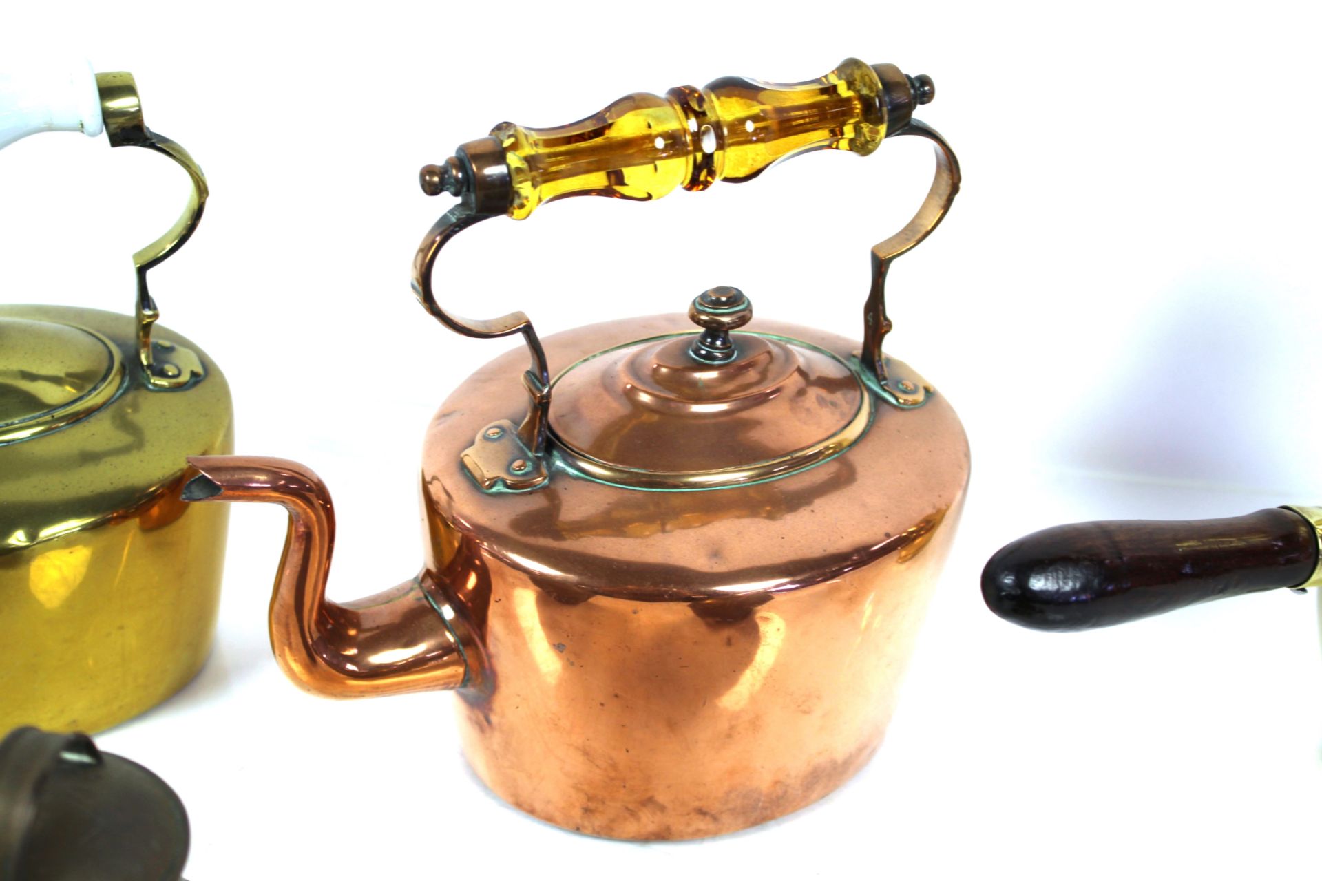 A brass chocolate pot, a brass kettle with porcela - Image 3 of 6