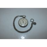 A silver pocket watch and chain