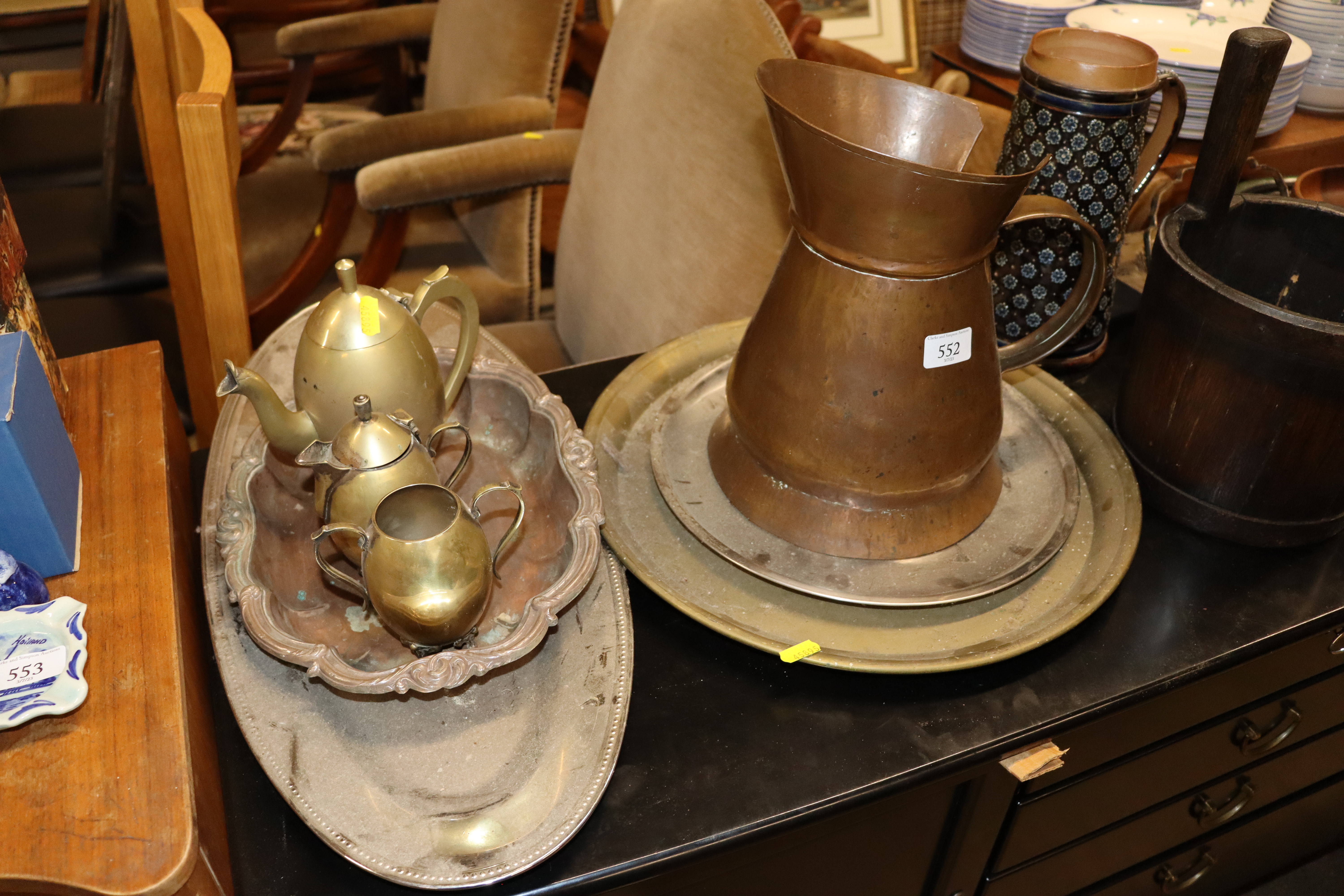 An antique copper jug; a coppered pail; a copper a - Image 4 of 4