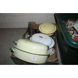 A box of enamel kitchenware, claret jug, plated to