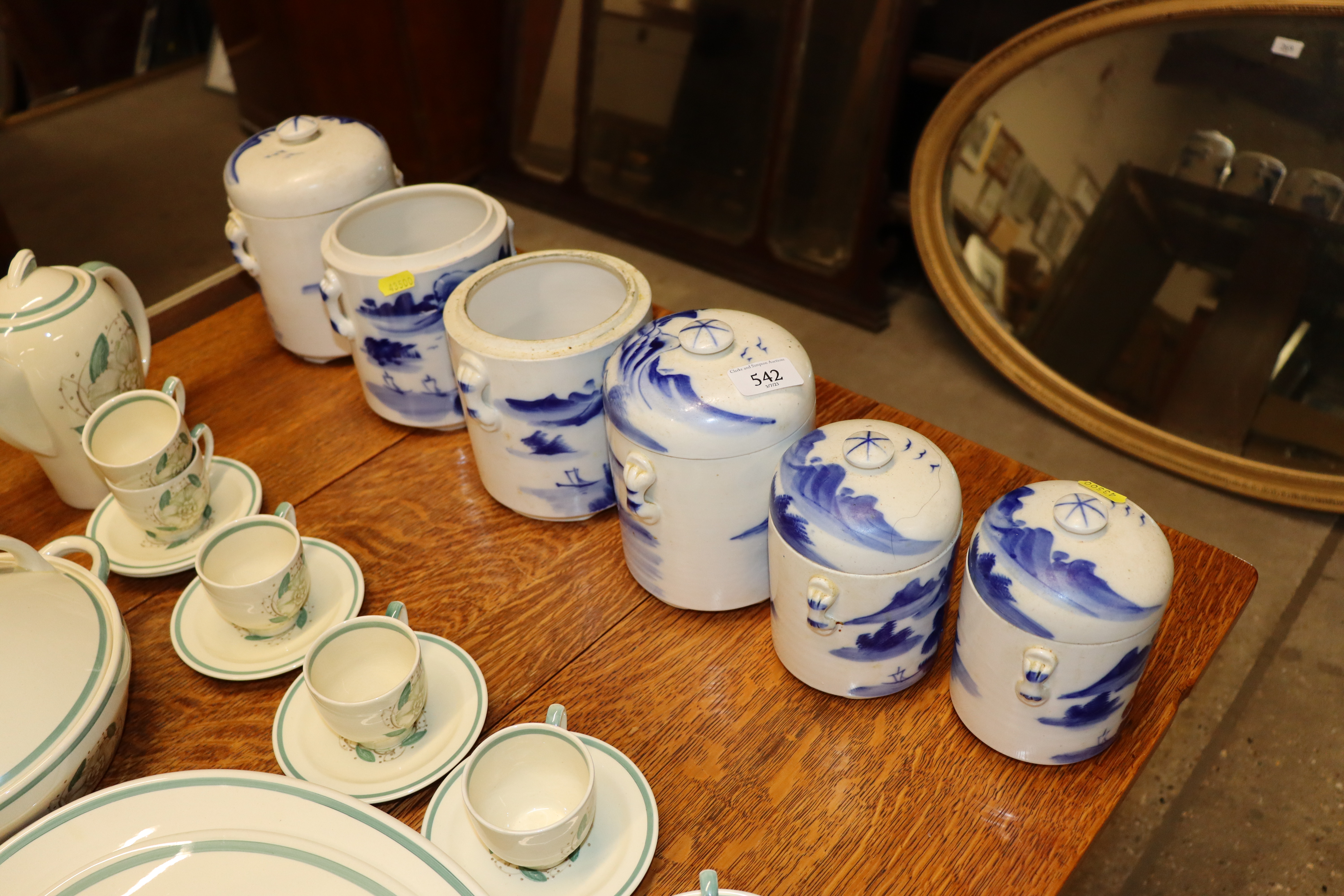 Six Oriental design blue and white pottery storage