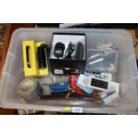 A box of various sundry tools, cameras, etc.