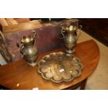 Two Indian engraved brass tray; and a pair of Indian brass vases with cobra handles