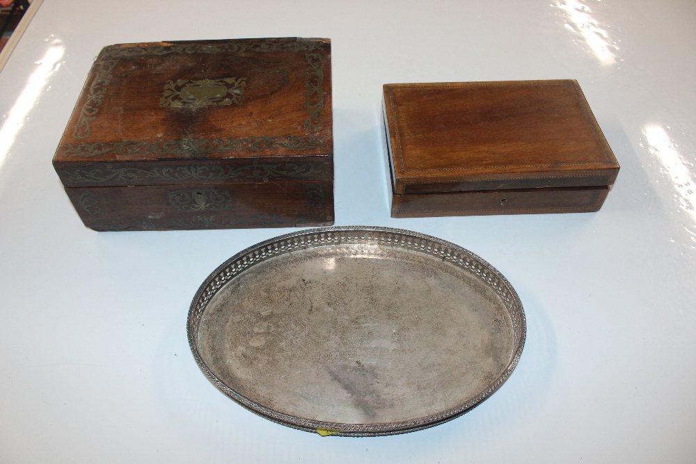 A chequer band inlaid trinket box and one other in