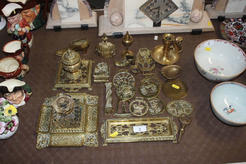 A collection of various brassware to include inkwe