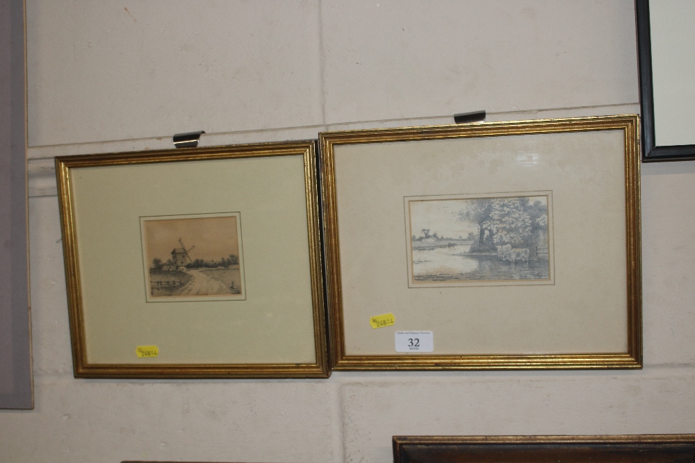 Two landscape pencil drawings of rural scenes