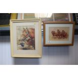 A limited edition print the Suffolk Trinity, and a watercolour depicting a harvest scene