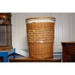 A wicker laundry basket