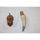 A horn snuff bottle and a Treen acorn