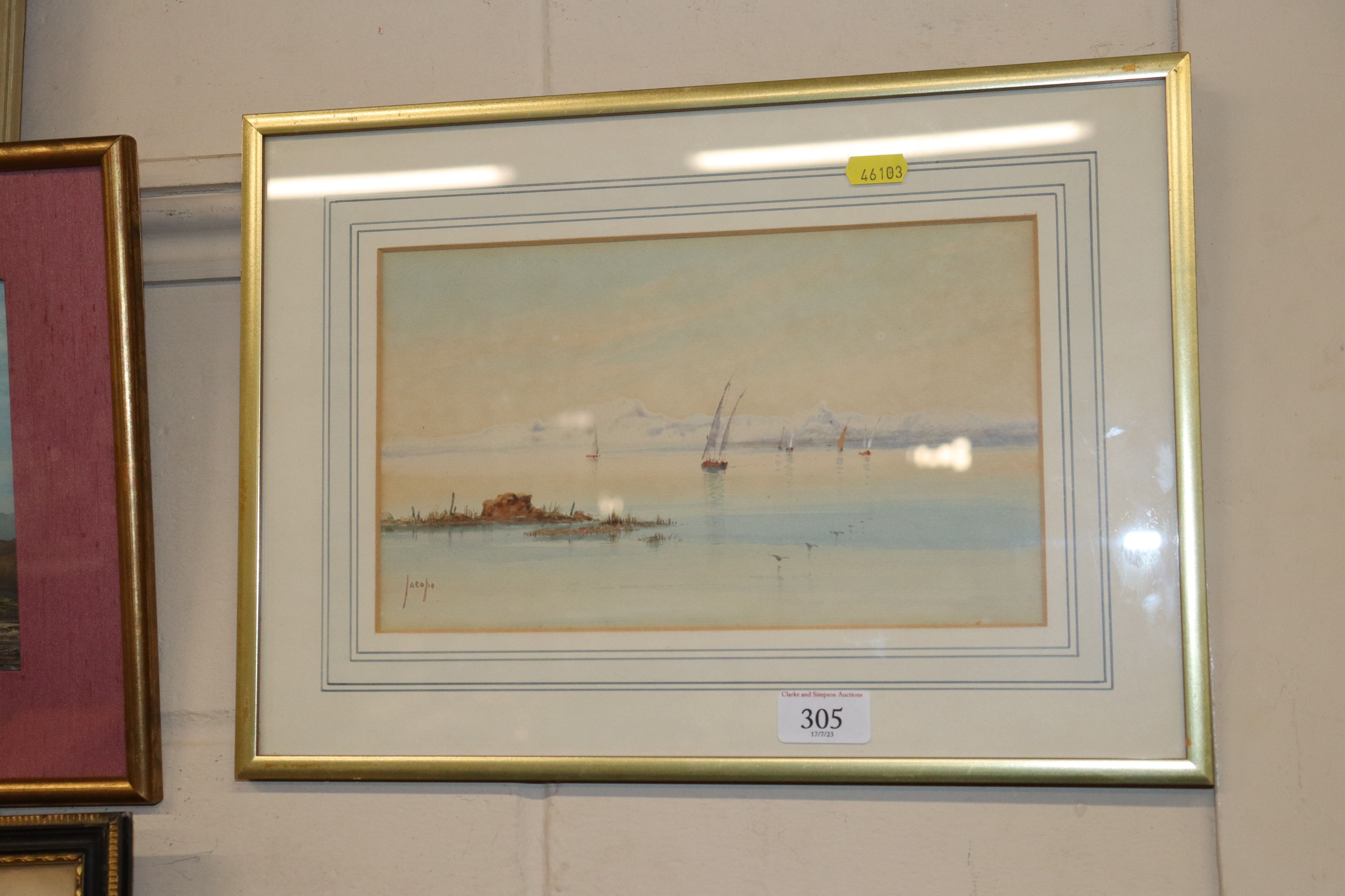A framed and glazed watercolour study depicting bo