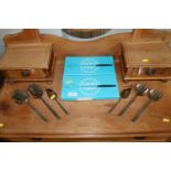 Two boxed sets of six fondue forks; to pairs of stainless steel serving spoons; Gartens Limited