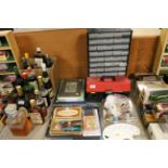 A collection of sewing items; artist materials and