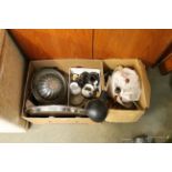 Two boxes containing various metalware; various mo